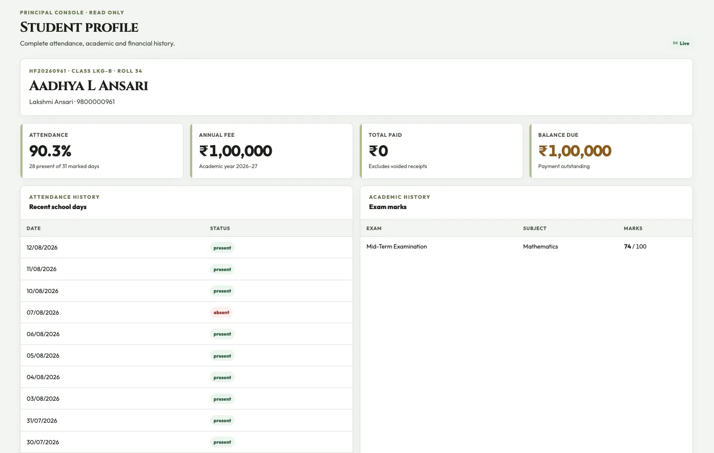 A single student's record in the principal console: attendance percentage, annual fee, total paid and balance due, alongside a day by day attendance history and the marks from each exam.