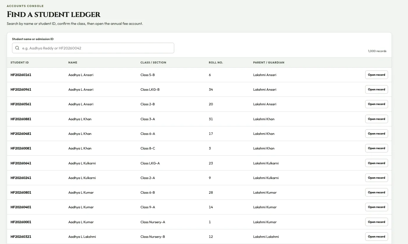 The accounts console student search, listing student ID, name, class and section, roll number and guardian for each record, with a button to open the fee account.